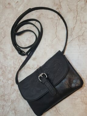 Patricia Naah Black Leather Crossbody Bag with Embossed Flap